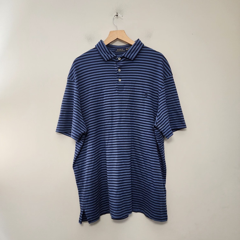 Polo Ralph Lauren Shirt Mens 2XL Blue Striped Pony Casual Short Sleeve Golf Polo